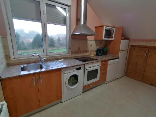 a kitchen with a sink and a washing machine at Apartamento Turístico La Mies in Oreña