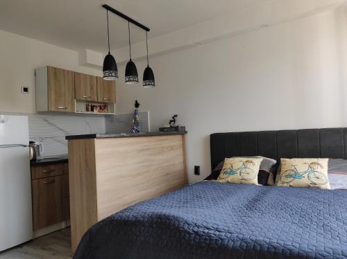 Cet appartement comprend une chambre avec un lit bleu et une cuisine. dans l'établissement Cozy studio Cik-Cak, à Doboj
