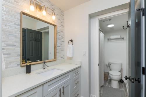 a bathroom with a sink and a mirror and a toilet at Ole River Hideway, Orange Beach, Updated 2 Bedroom Waterfront Condo, Wind Drift in Orange Beach