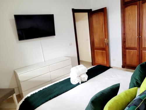 - une chambre avec un lit, une télévision et des serviettes dans l'établissement J&E Flat Santa Cruz de la Palma, à Santa Cruz de la Palma