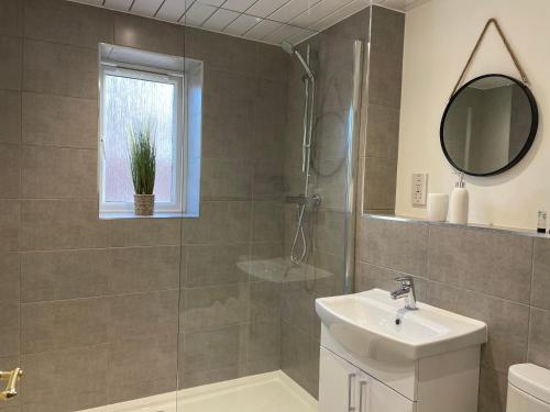 a bathroom with a sink and a shower and a mirror at Kinfirth Apartment in Ayr