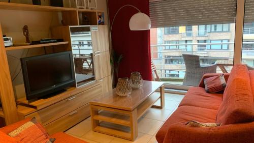 ein Wohnzimmer mit einem Sofa und einem TV in der Unterkunft Appartement “zon en vakantie aan zee” in Koksijde
