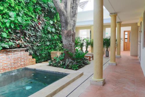 einen Pool im Innenhof mit einem Baum in der Unterkunft Casa Jaguar Hotel Boutique in Cartagena de Indias