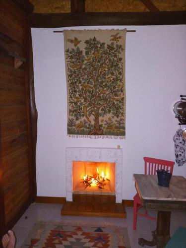 a fireplace in a room with a tapestry on the wall at Bangalo a beira do rio em plena natureza in Petrópolis