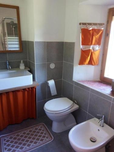 La salle de bains est pourvue de toilettes et d'un lavabo. dans l'établissement Al Mostarolo, à Berceto