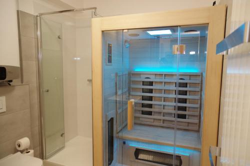a shower with a glass door in a bathroom at Apartmá 11 Deštné v Orlických horách in Deštné v Orlických horách