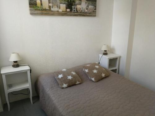 a bedroom with a bed with two nightstands and two lamps at Les Prairies de Bellevue, idéal curistes, vacanciers et ouvriers in La Roche-Posay
