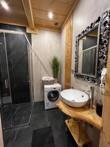 a bathroom with a sink and a shower at Domek Tatrzańska Zyngierka in Ząb