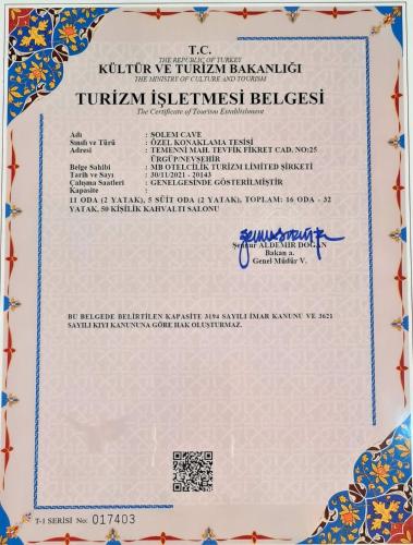 a certificate of eligibility for the tulinan instrument blessedictionictioniction at Solem Cave Suites in Urgup