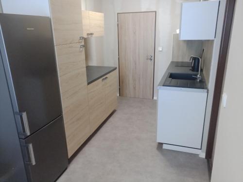 una piccola cucina con lavandino e frigorifero di Králíky apartmán a Králíky