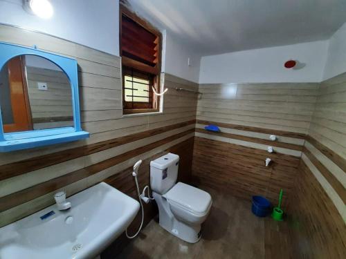 a bathroom with a white toilet and a sink at Wilpattu Lakwin Guest in Pahala Maragahawewa