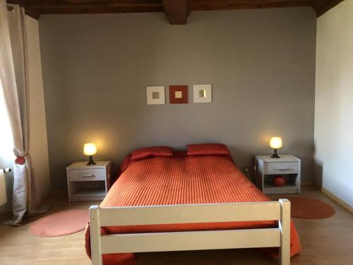 a bedroom with a bed with red pillows and two lamps at la noisette in Saint-Rémy