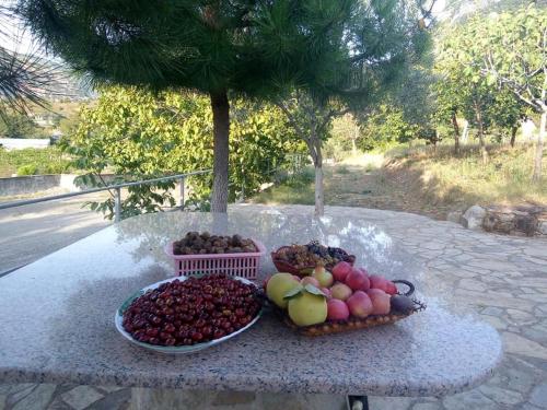 two baskets of fruit on a table under a tree at Agroturizem Hotel Vila Franceze in Koman