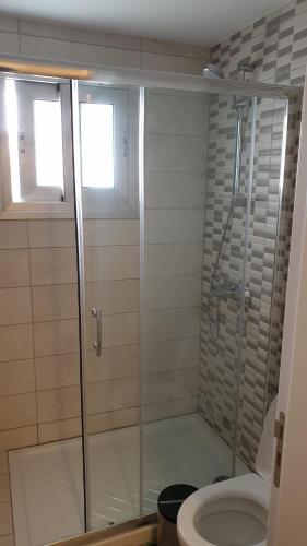 a bathroom with a shower and a toilet at La Veranda Hotel in Larnaka
