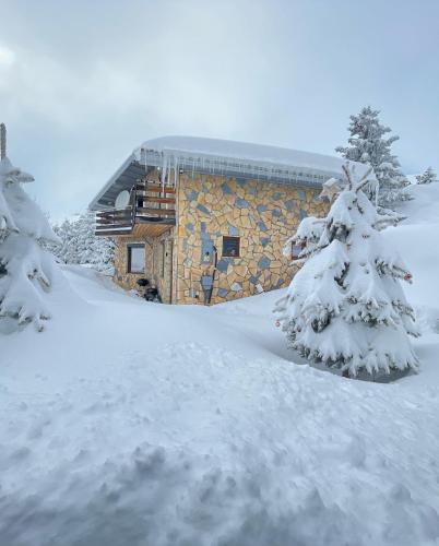 a cabin in the snow with snow covered trees at Villa 80 Kodra e Diellit in Tetovo