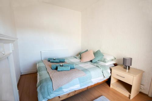 ein Schlafzimmer mit einem Bett mit blauen Kissen darauf in der Unterkunft Swansea Cosy Stay in Swansea
