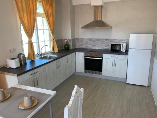 a kitchen with a white refrigerator and a table at Apartamentos Sanjuan in Porriño