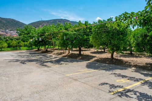 an empty parking lot with trees and mountains in the background at ΑΚΤΗ ΞΟΒΡΙΟΣ in Kivérion