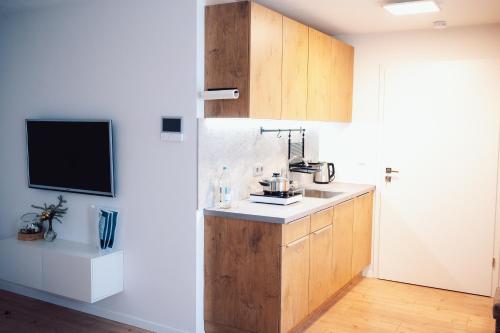 Suite 13 Apartment mit Netflix في Teublitz: مطبخ بدولاب خشبي ومغسلة وتلفزيون