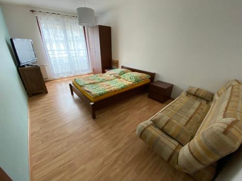 a living room with a bed and a couch at Apartamenty Maki Marea in Międzyzdroje
