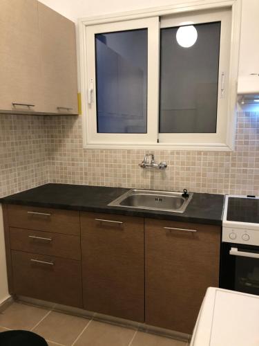 kuchnia ze zlewem i 2 oknami w obiekcie Cosy apartment in Metaxourgeio w Atenach