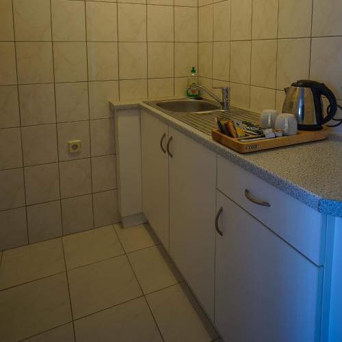 a kitchen with a sink and a counter top at Hotel Seeschlösschen in Groß Köris