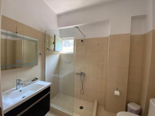 a bathroom with a shower and a sink and a toilet at Gkiko’s Guest House in Qeparo