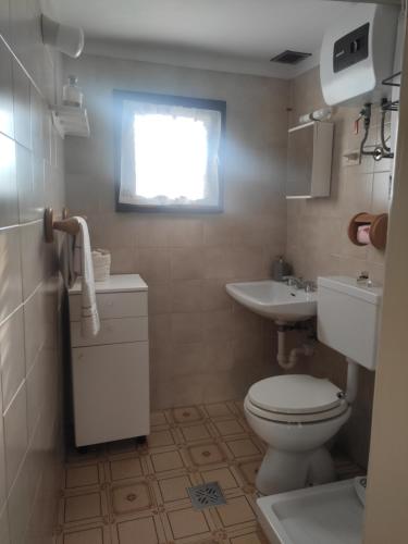 a bathroom with a toilet and a sink and a window at Casa Gemma in Vignola