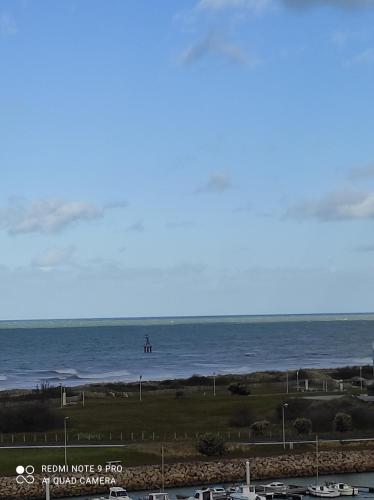 uma vista para o oceano com uma pessoa na praia em Appartement de charme em Courseulles-sur-Mer