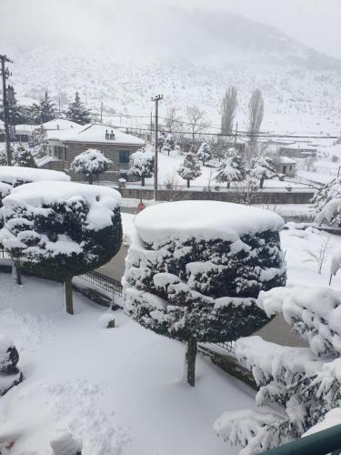 a snow covered park with benches covered in snow at Krystal Hotel in Krystallopigí