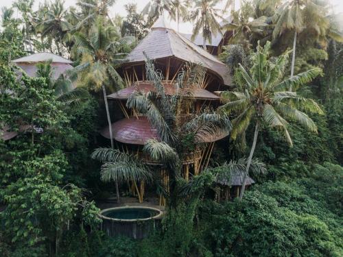 een gebouw met palmbomen ervoor bij Temple House 3bds Eco Bamboo House Pool River View in Bringkit
