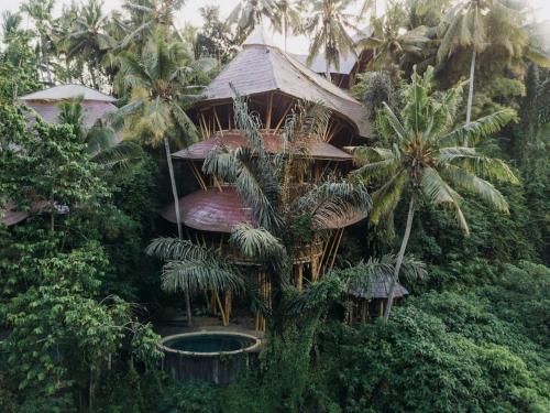 a building with palm trees in front of it at Temple House 3bds Eco Bamboo House Pool River View in Bringkit