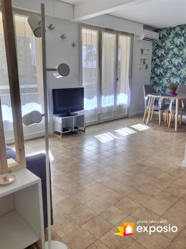 un salon avec une télévision à écran plat et une table dans l'établissement Cosy Studio, à Tournon-sur-Rhône