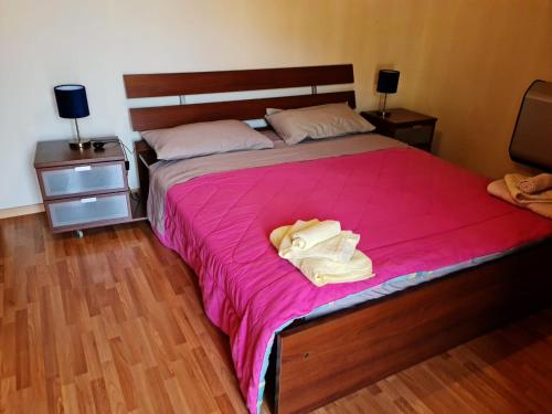 a bedroom with a large bed with a pink blanket at luxury lake in Villetta Barrea