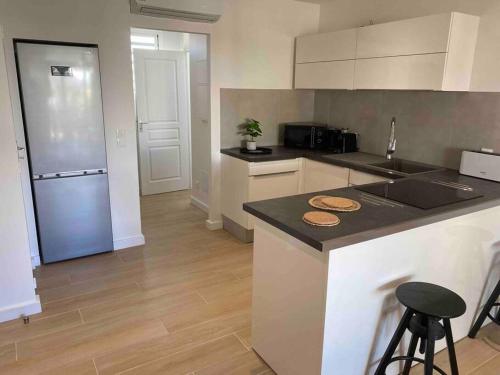 a kitchen with a counter top and a refrigerator at One bedroom Duplex TIT’ HOME Orient bay in Orient Bay