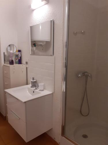 une salle de bain blanche avec un lavabo et une douche dans l'établissement Appartement Canet Sud Jardin et parking, à Canet
