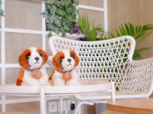 two stuffed dogs sitting on a white chair at Swiss-Belexpress Cilegon in Cilegon