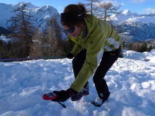 a woman playing with a frisbee in the snow at Berggasthaus Wasenalp in Brig