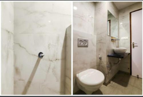 twee foto's van een badkamer met toilet en wastafel bij Hotel Awesome International in New Delhi