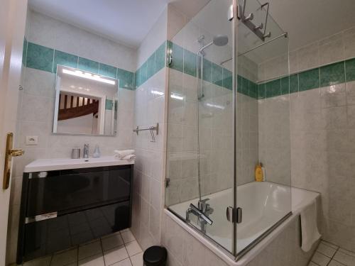 une salle de bain avec une douche, une baignoire et un lavabo dans l'établissement New Duplex de charme au pied de la Cathédrale Carré d'or, à Strasbourg