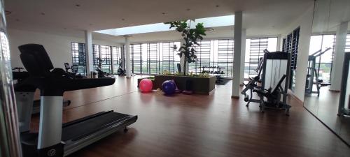 a gym with a treadmill and a plant in a room at Bukit Rimau Instagrammable 2 Bedroom Apartment With Pool View up to 5 PAX in Shah Alam