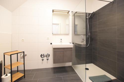 a bathroom with a shower and a sink at myQuartier Central City Suites in Innsbruck