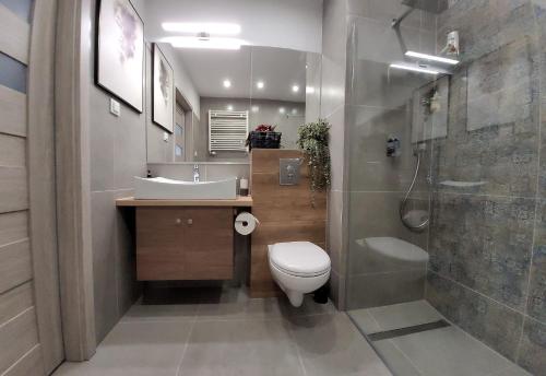a bathroom with a toilet and a sink and a shower at Q Apart Meta -1, 2 lub 3-pokojowe, klimatyzowane apartamenty przy Manufakturze z garażem lub parkingiem Gratis, FV in Łódź