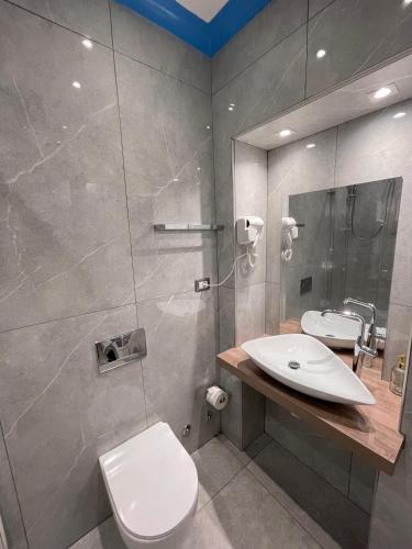 a bathroom with a sink and a toilet and a mirror at PALAZZO FIACCADORI - Historical Palace in Reggio Calabria