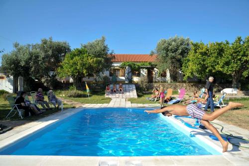 a man is diving into a swimming pool at Quinta Paraiso in Alagoa