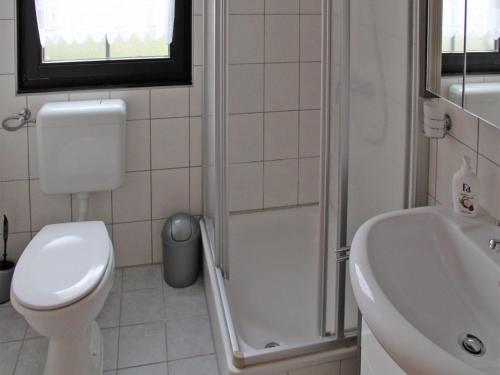 a bathroom with a toilet and a sink and a shower at Ferienhaus Nr 50, Kategorie Premium, Feriendorf Hochbergle, Allgäu in Karlsebene