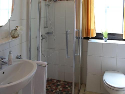 a bathroom with a shower and a toilet and a sink at Ferienhaus Nr 93, Kategorie Komfort Plus, Feriendorf Hochbergle, Allgäu in Karlsebene