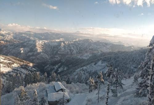 a view of a snow covered mountain range with trees at Radisson Kufri in Shimla