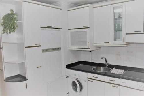 een witte keuken met een wastafel en een wasmachine bij Vive Vitoria en la Almendra Medieval 15 in Vitoria-Gasteiz