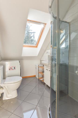 a bathroom with a toilet and a glass shower at Stay Lagom in Plateliai